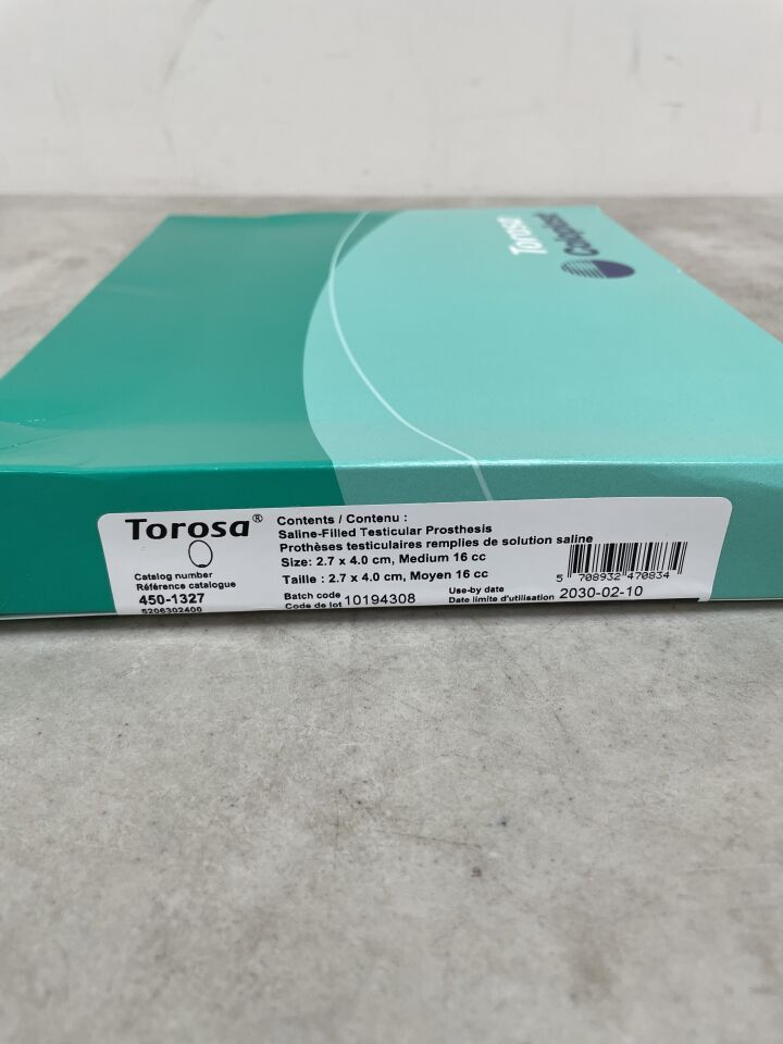 450-1327 - COLOPLAST - Torosa Saline-Filled Testicular Prostheses, 16 cc, 2.7 x 4 cm, (BX/1) - ( Expiry Date: 2030-02-10 )