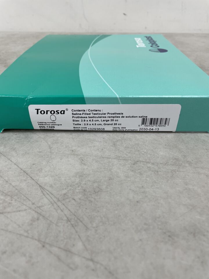 450-1329 - COLOPLAST - Prótesis testiculares Torosa rellenas de solución salina, 20 cc, 2,9 x 4,5 cm, (Caja/1) - (Fecha de caducidad: 13/04/2030)