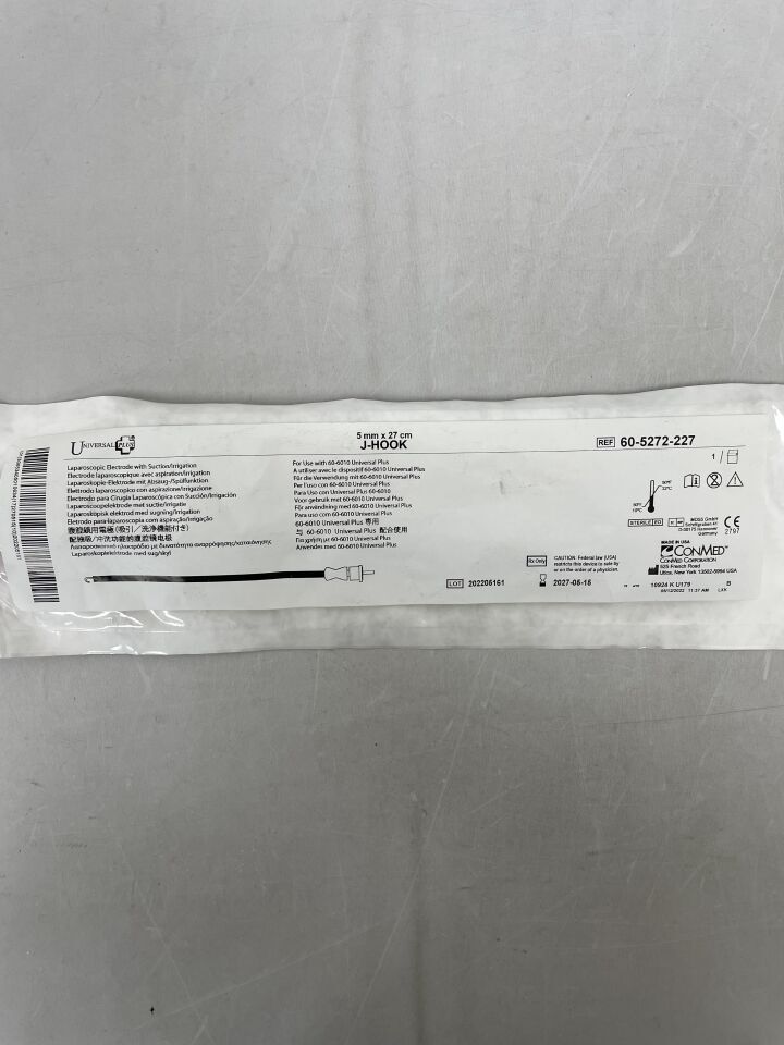 60-5272-227 - CONMED - Universal Plus Laparpscopic Electrode with Suction/Irrigation, J-Hook, 5mm x 27cm, (EA) - ( Expiry Date: 2027-05-15 )