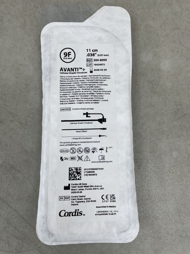 504-609X - CORDIS - Avanti Brachial Standard Sheath Introducer, Mini-Wire, 9 Fr Size, 11 cm Cannula Length, Black, (EA) - ( Expiry Date: 2028-02-29 )