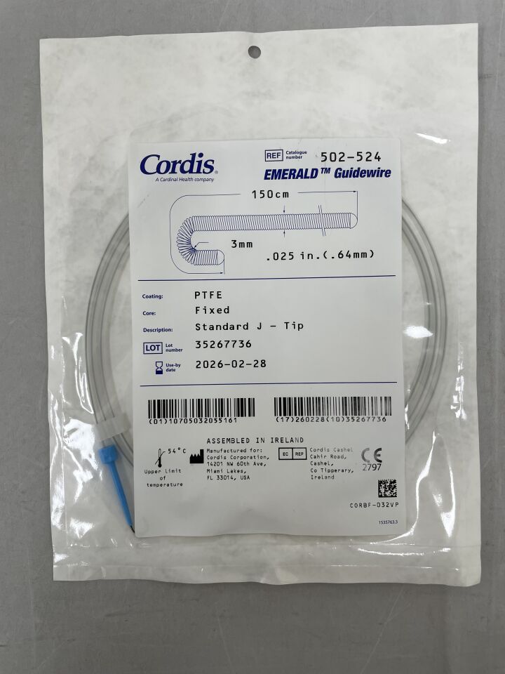 502-524 - CORDIS - Guía Emerald recubierta de PTFE: 0,025" x 150 cm, estándar, punta en J, (unidad) - (Fecha de caducidad: 28/02/2026)