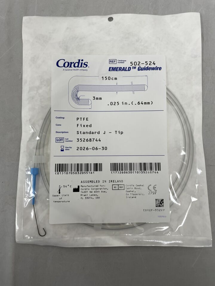 502-524 - CORDIS - Guía Emerald recubierta de PTFE: 0,025" x 150 cm, estándar, punta en J, (unidad) - (Fecha de caducidad: 30/06/2026)