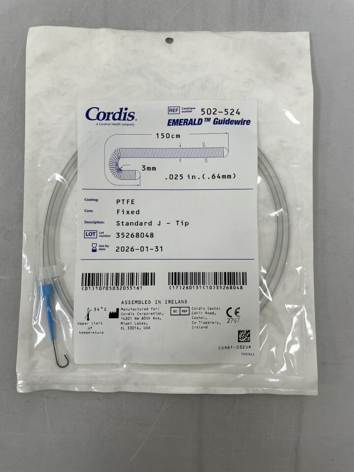 502-524 - CORDIS - Guía Emerald recubierta de PTFE: 0,025" x 150 cm, estándar, punta en J, (unidad) - (Fecha de caducidad: 31/01/2026)