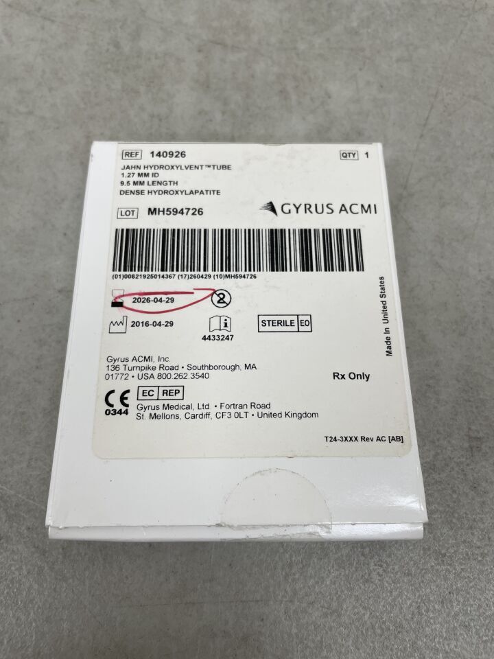 140926 - GYRUS ACMI - jahn hydroxylvent tube 1.27 mm id 9.5 mm length dense hydroxylapatite, (BX/1) - ( Expiry Date: 2026-04-29 )