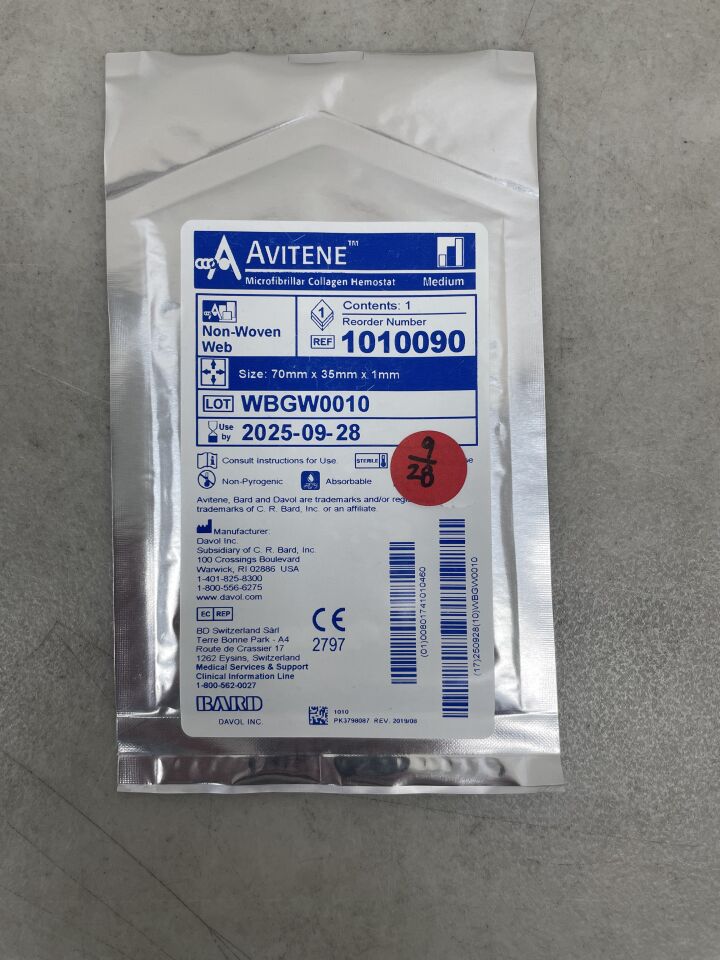 1010090 - BARD - Avitene Microfibrillar Collagen Hemostat Sheet (Non-Woven Web) 70mm x 35mm (2.8" x 1.4"), (EA) - ( Expiry Date: 2025-09-28 )