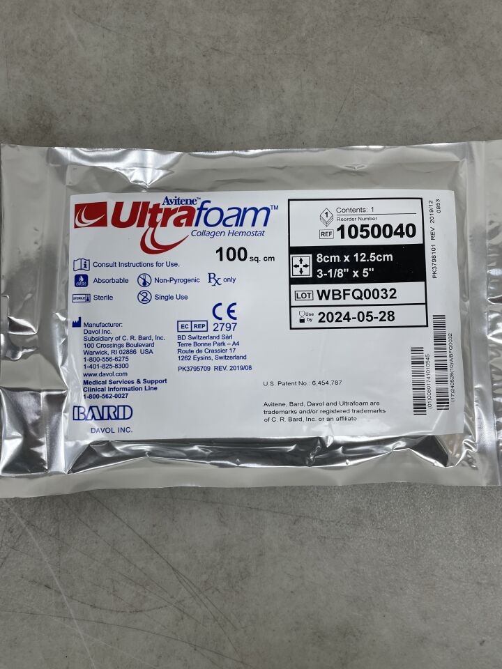 1050040 - BARD - Avitene UltraFoam Collagen Hemostat (100 sq cm) 8cm x 12.5cm x 1cm, (EA) - ( Expiry Date: 2025-09-28 )