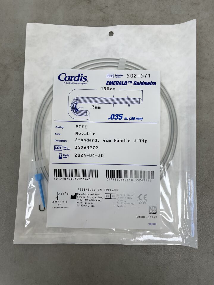 502-571 - CORDIS - Emerald Guidewire Standard 4CM Handle J-Tip, 150cm, (EA) - ( Expiry Date: 2024-04-30 )