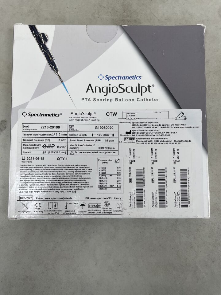 2216-20100 - SPECTRANETICS - AngioSculpt OTW PTA Scoring Balloon Catheter with HydroCross Coating - 2.0mm x 100mm x 155cm, (BX/1) - ( Expiry Date: 2021-06-18 )