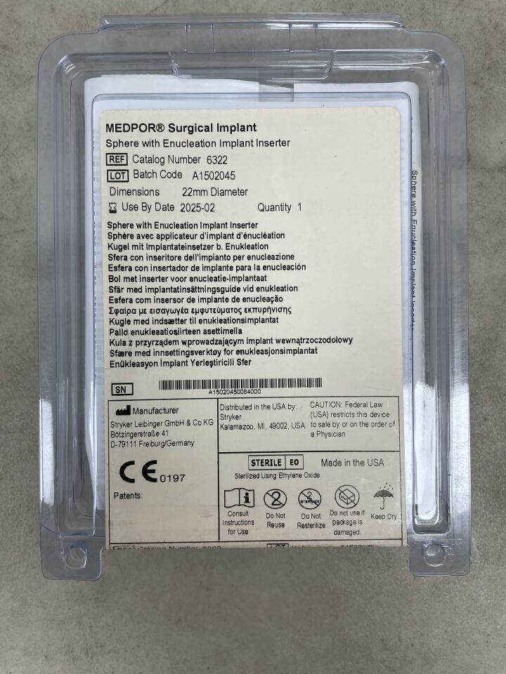 6322 - STRYKER - Medpor Surgical Implant Sphere w/Enucleation Implant Inserter 22mm, (EA) - ( Expiry Date: 2025-02-20 )