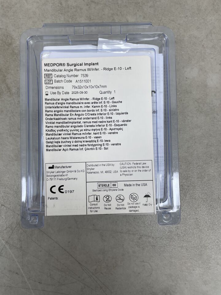 7539 - STRYKER - Medpor Mandibular Angle Ramus W/Infer. Ridge E-10 - Left, 79 x 32 x 10 x 10 x 10 x 7mm, (EA) - ( Expiry Date: 2025-09-30 )