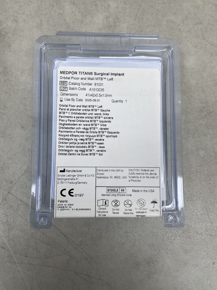 81031 - STRYKER - Medpor Titan Orbital Floor and Wall (OFW) 41mm x 42mm x 0.5mm, 1.0mm MTB Left, (EA) - ( Expiry Date: 2025-08-31 )