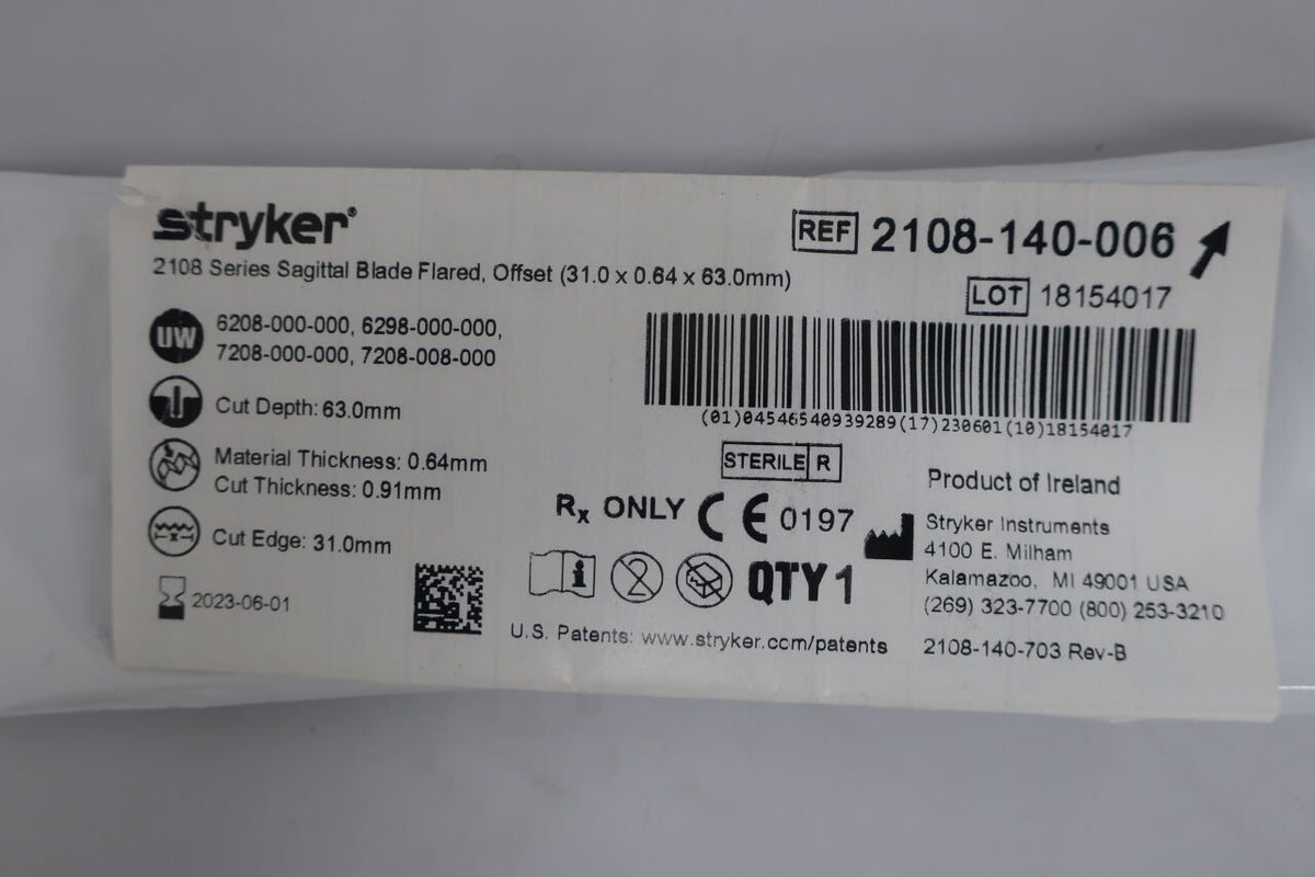 2108-140-006 - STRYKER - Heavy Duty Sagittal Blade: Flared, Offset, (EA)