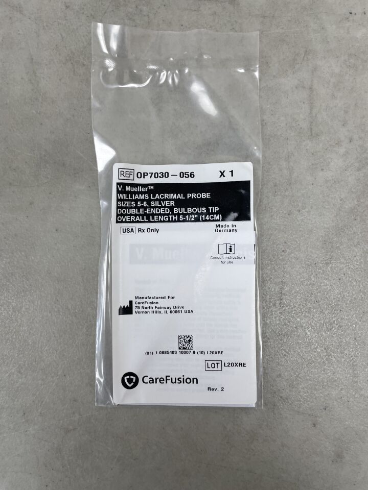 OP7030-056 - CAREFUSION - V. Mueller WILLIAMS LACRIMAL PROBE SIZES 5-6, SILVER DOUBLE-ENDED, BULBOUS TIP OVERALL LENGTH 5-1/2 inches 14CM, (EA) - ( Expiry Date: 2099-12-31 )
