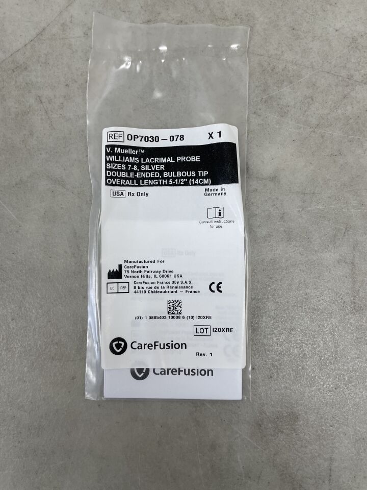 OP7030-078 - CAREFUSION - V. Mueller WILLIAMS LACRIMAL PROBE SIZES 7-8, SILVER DOUBLE-ENDED, BULBOUS TIP OVERALL LENGTH 5-1/2 inches 14CM, (EA) - ( Expiry Date: 2099-12-31 )