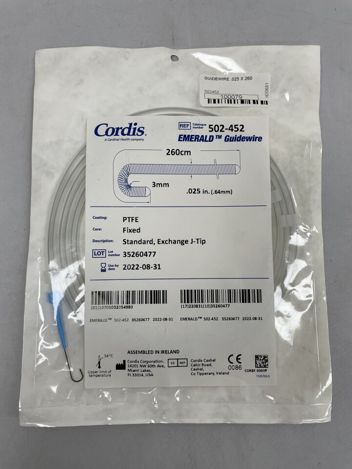 502-452 - CORDIS - Guía Emerald de núcleo fijo de 0,025" x 260 cm, intercambiable, punta en J, (unidad) - (Fecha de caducidad: 28/02/2026)