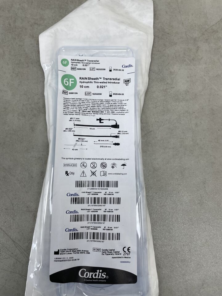 506610N - CORDIS - Introductor transradial hidrofílico de pared delgada con funda RAIN - Alambre desnudo - 6 Fr x 10 cm x 0,021", (unidad) - (Fecha de caducidad: 30/09/2026)
