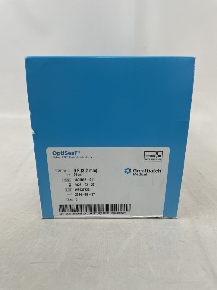 1000093-011 - GREATBATCH - OptiSeal Valved Peelable PTFE Introducer with SIDE PORT, 9F x 25CM, (BX/5) - ( Expiry Date: 2026-02-27 )