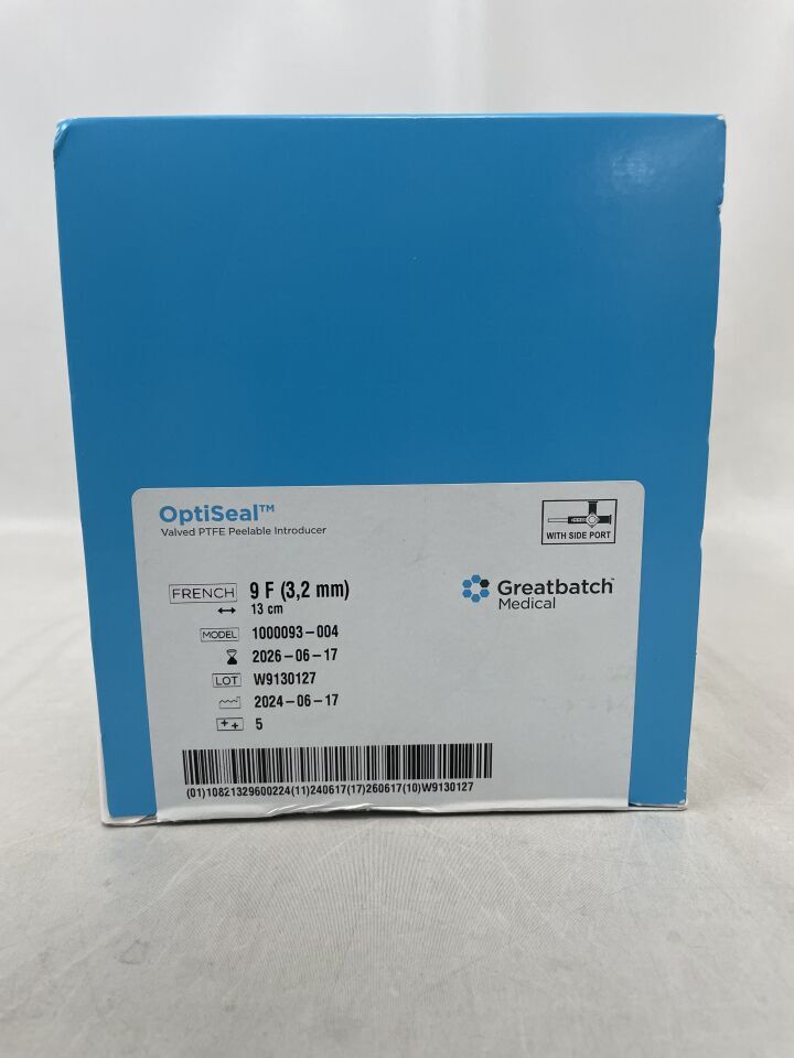 1000093-004 - GREATBATCH - OptiSeal Valved Peelable PTFE Introducer W/SIDE PORT 9F X 13CM, (BX/5) - ( Expiry Date: 2026-06-17 )