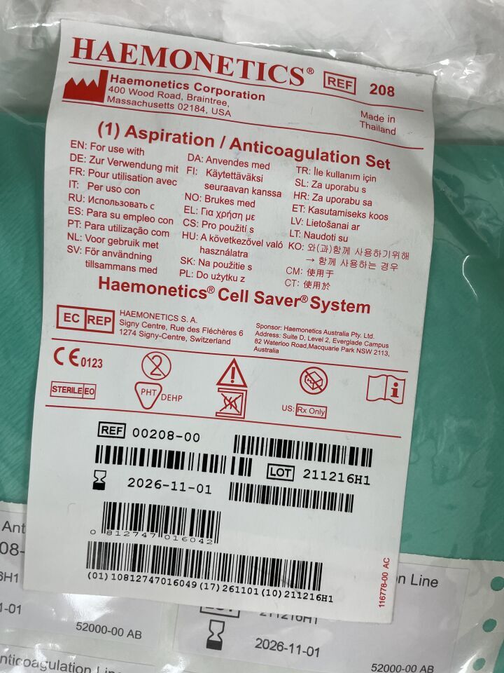 00208-00 - HAEMONETICS - Línea de aspiración y anticoagulación Cell Saver, (EA) - (Fecha de caducidad: 01/01/2028)