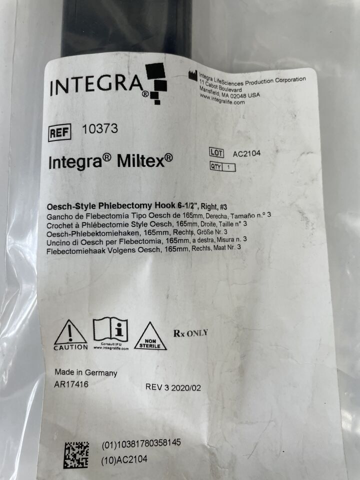 10373 - INTEGRA - Gancho de flebectomía Miltex estilo Oesch de 6-1/2", derecho n.° 3 (unidad) - (Fecha de caducidad: 01/01/2099)