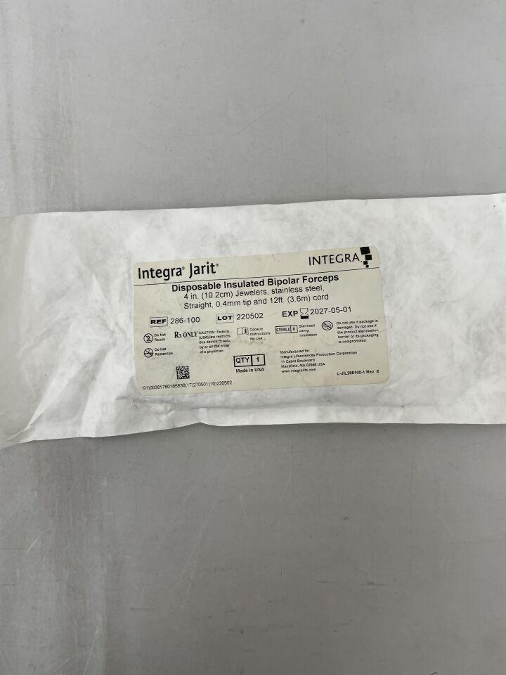 286-100 - INTEGRA - Jarit Jewelers Insulated Bipolar Forceps 4", Straight, 0.4mm tip with 12' Cord, (EA) - ( Expiry Date: 2027-05-01 )