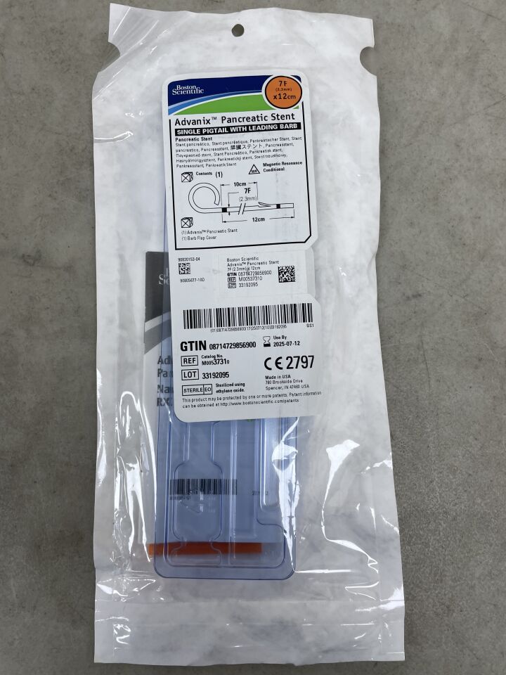 3731 - BOSTON SCIENTIFIC - Advanix Pancreatic Stent - Single Pigtail with Leading Barb - 7Fr x 12cm, (EA) - ( Expiry Date: 2025-07-12 )
