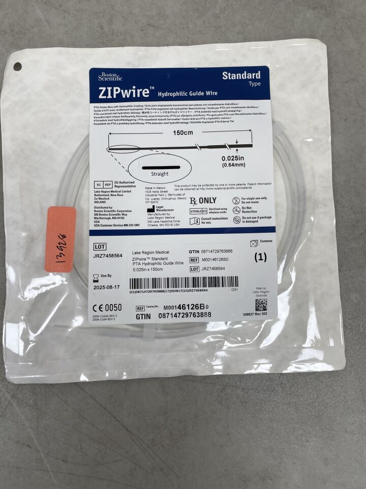 46126B - BOSTON SCIENTIFIC - ZIPwire PTA Hydrophilic Guidewire - Standard, Straight - .025" x 150cm, (EA) - ( Expiry Date: 2025-08-17 )