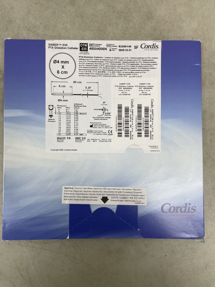 48004006N - CORDIS - SABER .035 PTA Dilation Catheter 4mm x 60mm x 80cm, (BX/1) - ( Expiry Date: 2025-12-31 )
