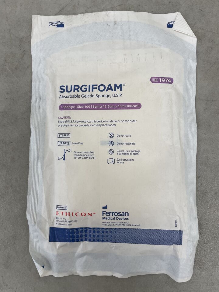 1974 - ETHICON - SURGIFOAM Absorbable Gelatin Sponge, size 100, 8cm x 12.5cm x 1cm, (EA) - ( Expiry Date: 2025-06-30 )