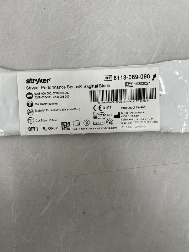 6113-089-090 - STRYKER - Sagittal Saw Blade, 90 L x 13 mm W, 0.89 mm Cut Thickness, (EA) - ( Expiry Date: 2024-11-01 )
