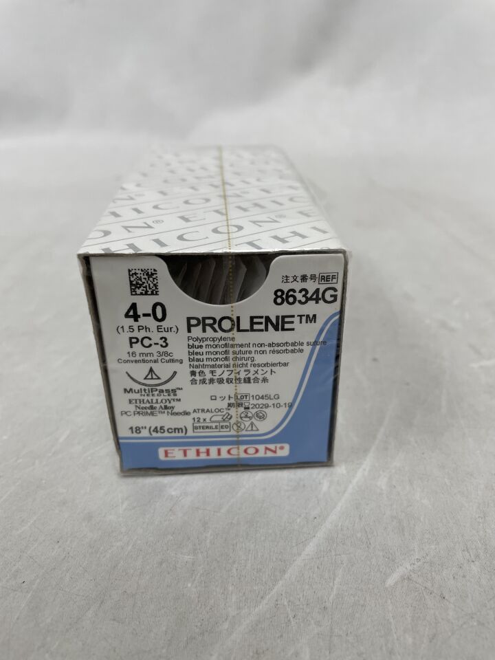 8634G - ETHICON - PROLENE 藍色單絲聚丙烯,不可吸收外科縫合線,4-0 號,18 英寸長,3/8 英寸圓週,16 毫米針長,(盒/12)-(有效期至:2029-10-19)