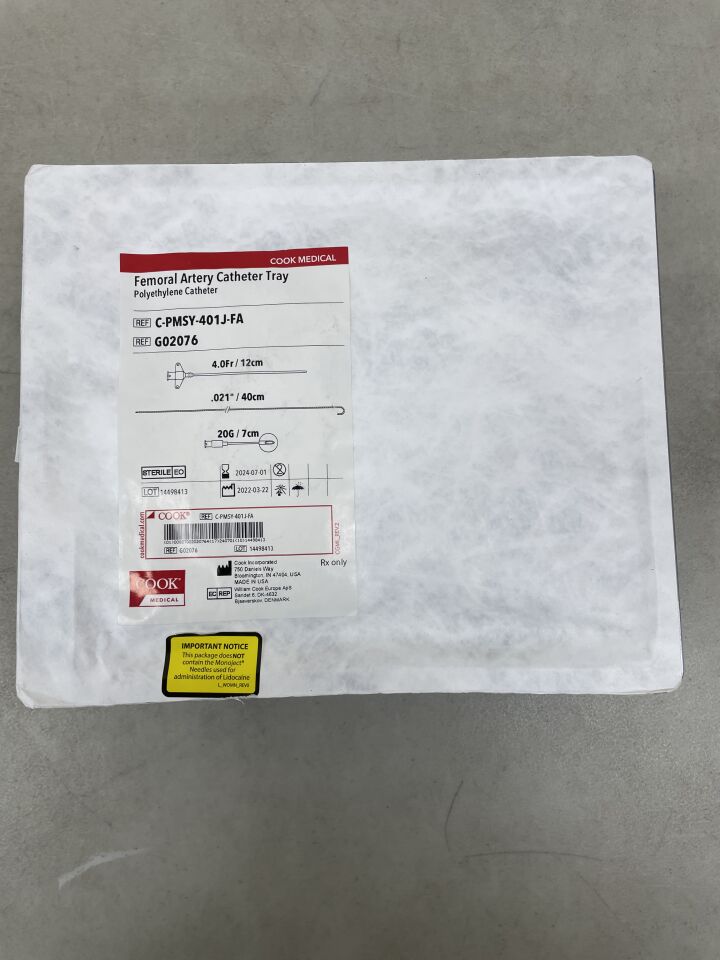 G02076 - COOK - Femoral Artery Catheter Tray, Polyethylene Catheter, 4Fr/12cm, (EA) - ( Expiry Date: 2024-07-01 )