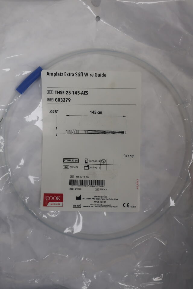 G03279 - COOK - Amplatz Support Extra-Stiff Wire Guide, 0.025 in. dia. x 145 cm Length, (EA) - ( Expiry Date: 2025-07-23 )