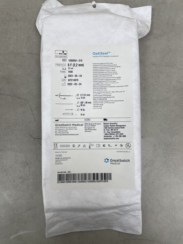 1000093-015 - GREATBATCH - OptiSeal Valved PTFE Peelable Introducer - Model 7440 - 6Fr x 13cm, () - ( Expiry Date: 2024-05-24 )