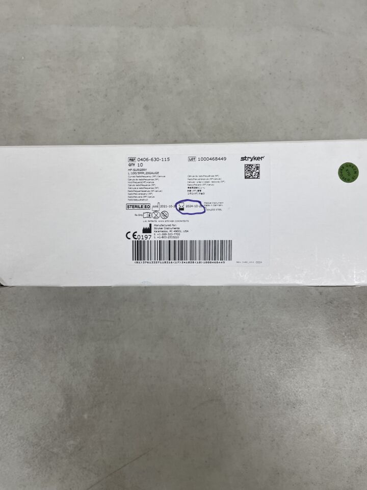 0406-630-115 - STRYKER - RF Cannula, HF-Surgery 20G x 100mm, 5mm Tip, Curved, (BX/10) - ( Expiry Date: 2024-10-28 )