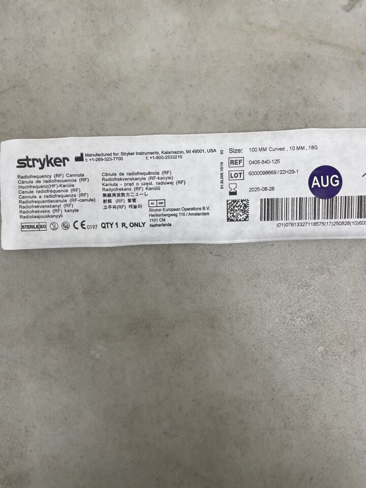 0406-840-125 - STRYKER - RF Cannula HF-Surgery, 18G x 100mm, 10mm Tip, Curved, (EA) - ( Expiry Date: 2025-08-28 )