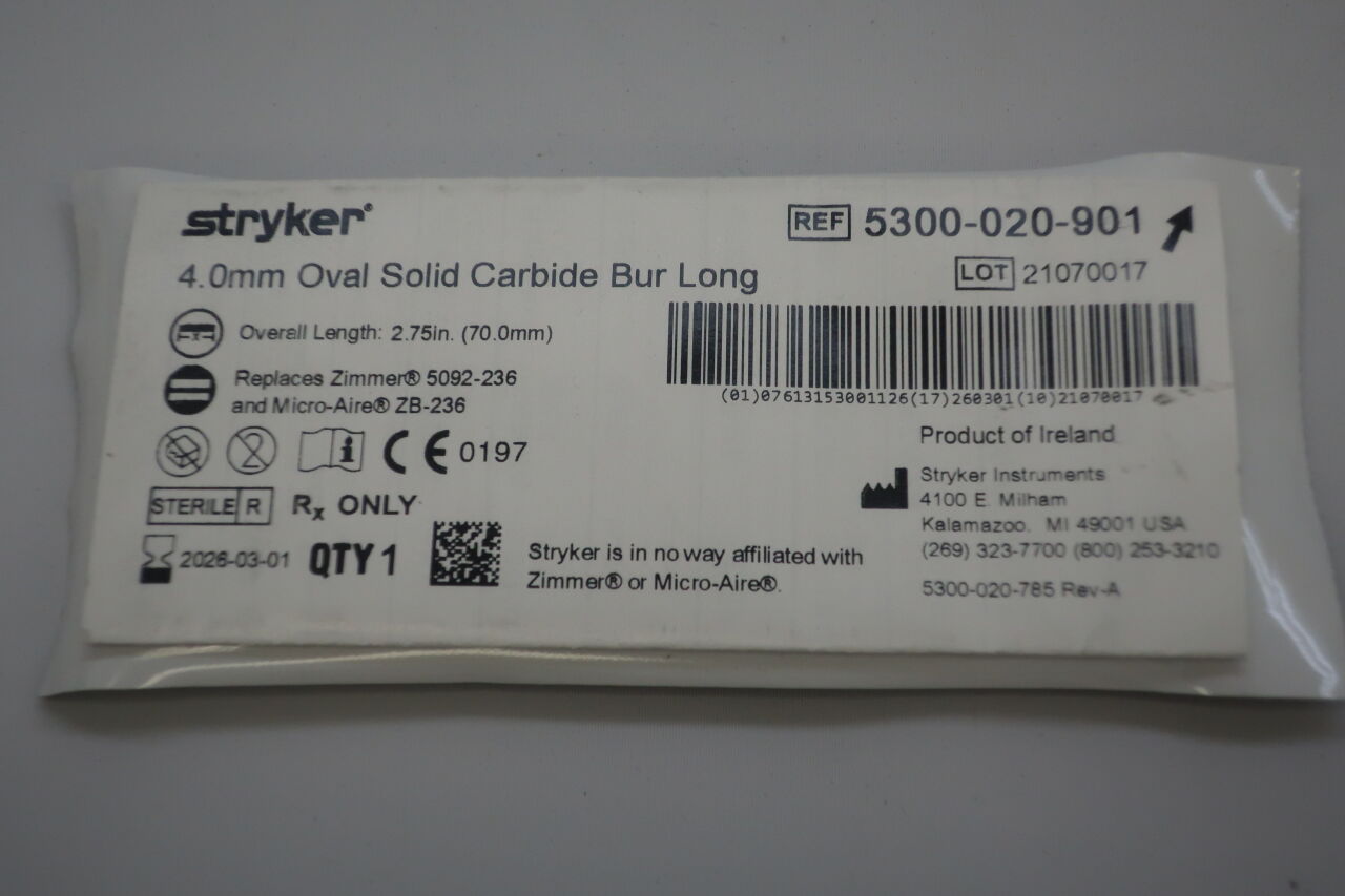 5300-020-901 - STRYKER - oval solid carbide bur, long, 4mm, (EA) - ( Expiry Date: 2025-06-01 )