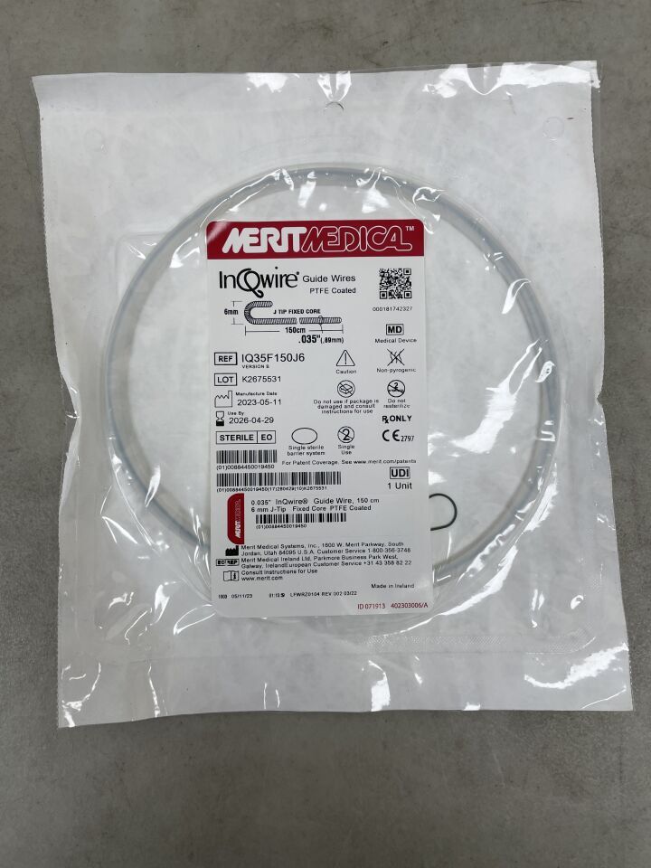 IQ35F150J6 - MERIT MEDICAL - InQwire Guide Wire 0.035" x 180cm, 6mm J Tip, (EA) - ( Expiry Date: 2026-04-29 )