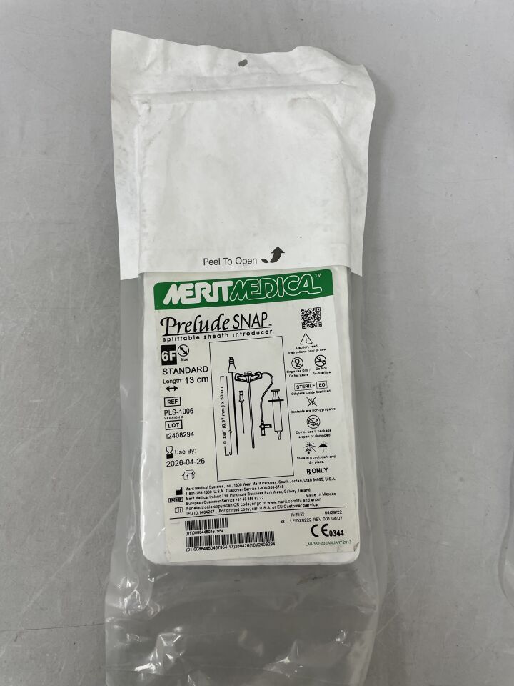 PLS-1006 - MERIT MEDICAL - PreludeSNAP Splittable Sheath Introducer, 6F X 13cm length, () - ( Expiry Date: )