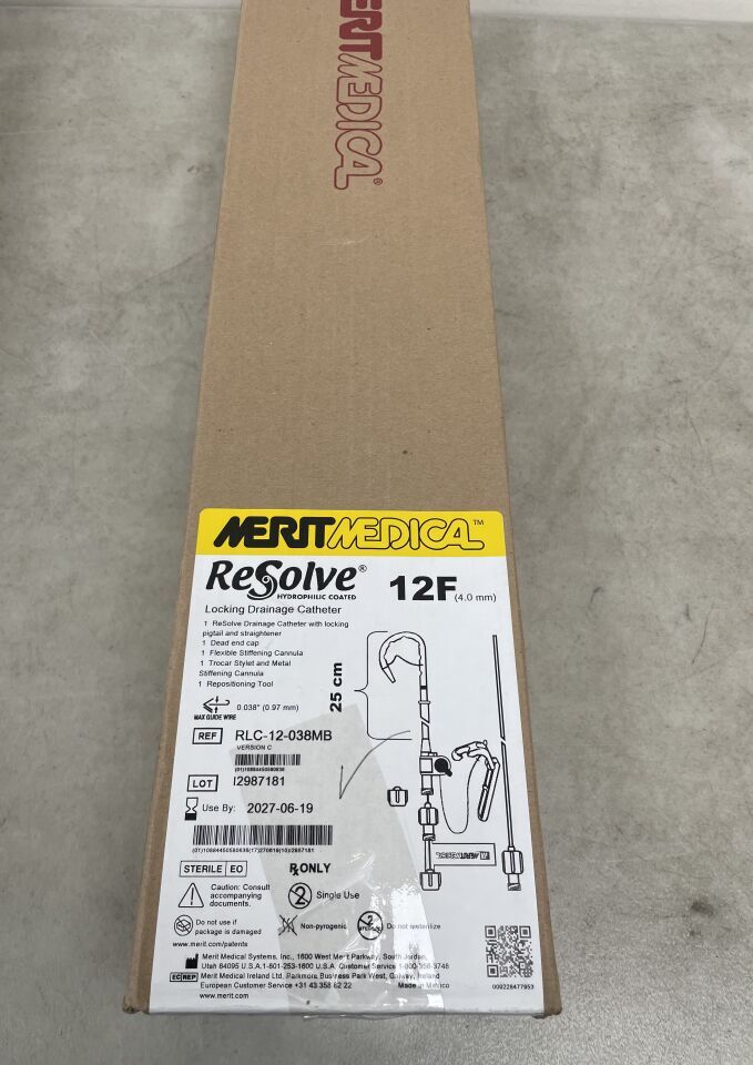 RLC-12-038MB - MERIT MEDICAL - ReSolve Locking Drainage Catheter with Marker Bands, 12 Fr Size, 25 cm Working Length, (BX/1) - ( Expiry Date: 2027-06-19 )