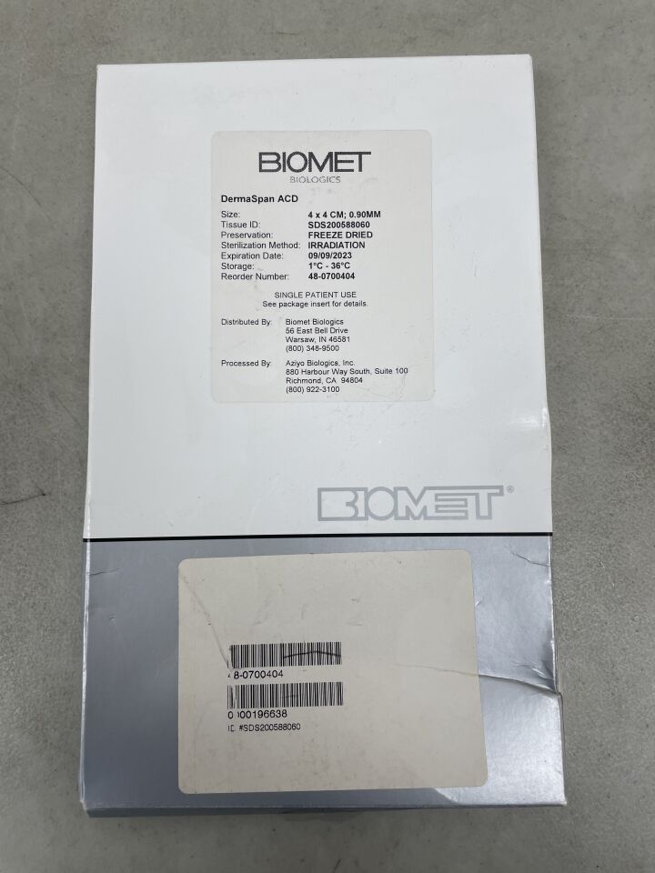48-0700404 - BIOMET - DermaSpan Acellular Dermal Matrix, Size - 4 x 4cm, 0.5 - .09mm, (BX/1) - ( Expiry Date: 2023-09-09 )
