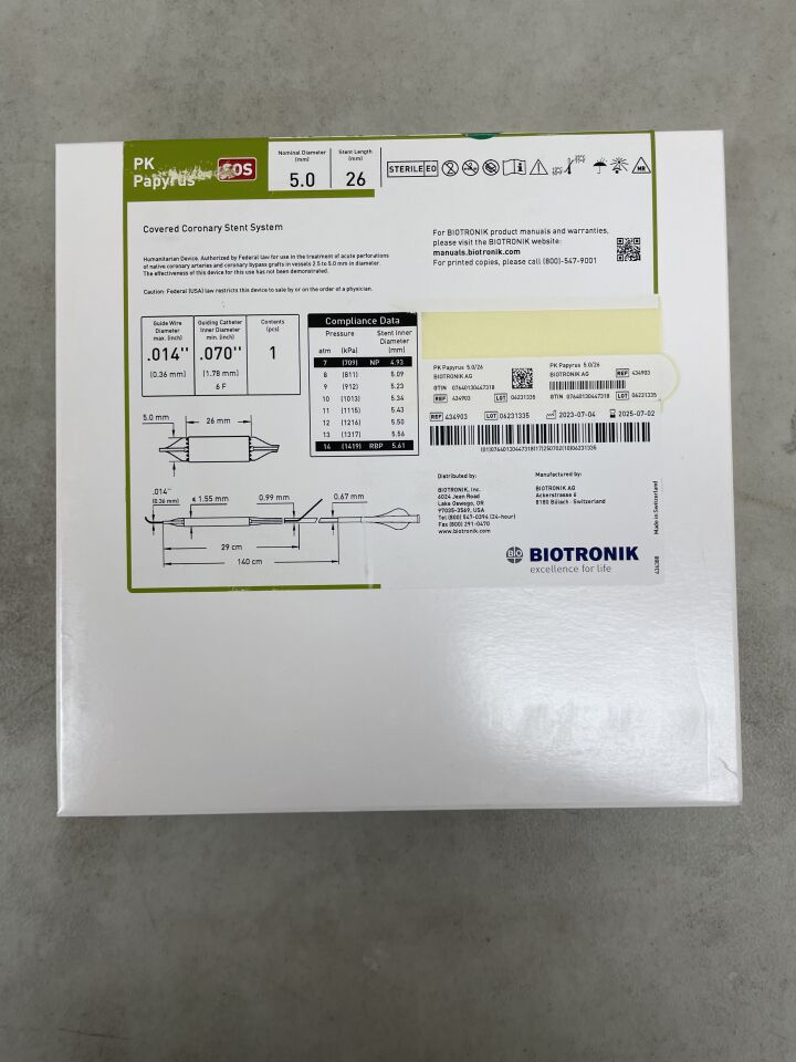 434903 - BIOTRONIK - PK Papyrus Covered Coronary Stent System - SOS - 5.0mm x 26mm x 140cm, (BX/1) - ( Expiry Date: 2025-07-02 )