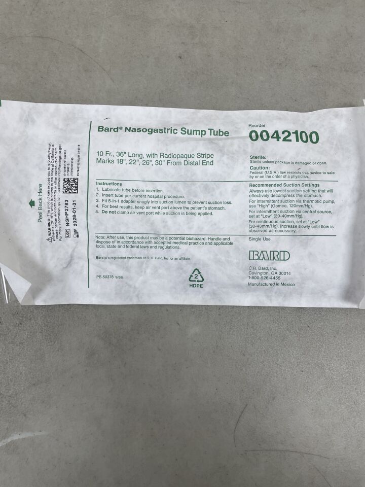 42100 - BARD - Nasogastric (NG) Sump Tube, 10F x 36", (EA) - ( Expiry Date: 2028-01-31 )