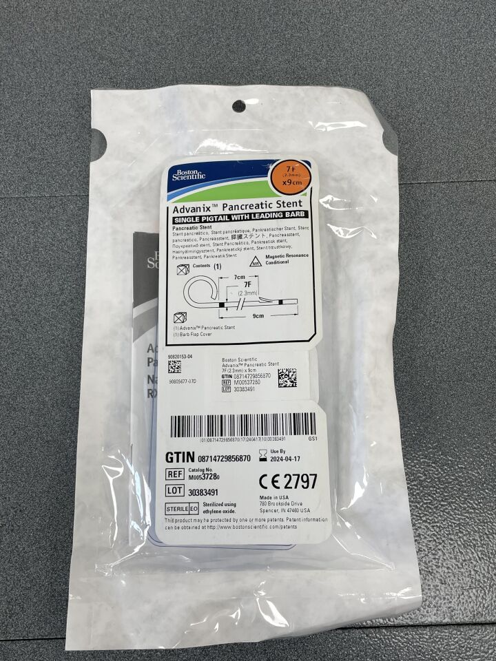 3728 - BOSTON SCIENTIFIC - Advanix Pancreatic Stent Single Pigtail With Leading Barb 7F x 9cm, (EA) - ( Expiry Date: 2025-05-22 )