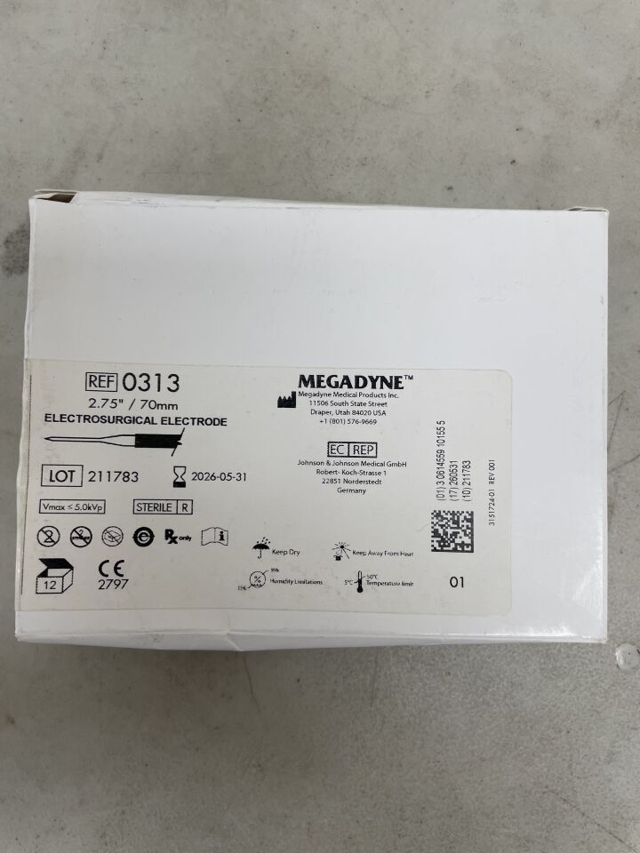 313 - MEGADYNE - Stainless Steel Electrode, Needle, Cautery Tip, (BX/12) - ( Expiry Date: 2026-05-31 )