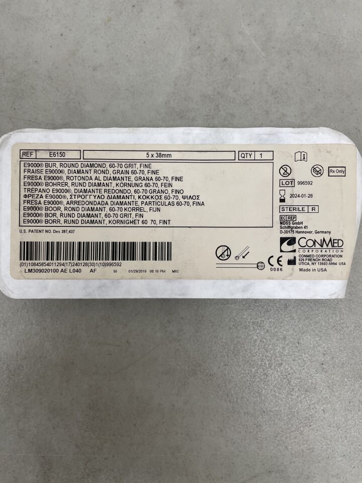 E6150 - CONMED - Fine Round Diamond E Burr, 60-70/Medium Grit, 5 dia. x 38 mm Length, (EA) - ( Expiry Date: 2024-01-28 )
