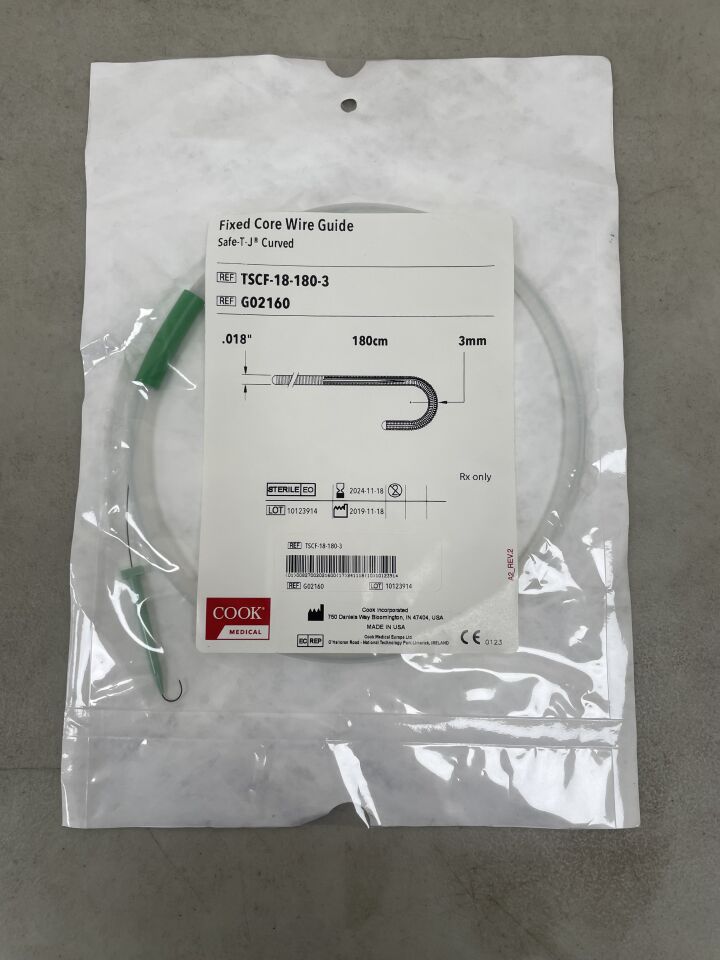 G02160 - COOK - Safe-T-J Tip Style Fixed-Core Guidewire, Curved Tip, (EA) - ( Expiry Date: 2024-11-18 )