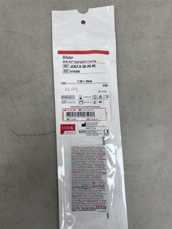 G10208 - COOK - Dilator with Hydrophilic Coating 7F x 20cm, 0.038", (EA) - ( Expiry Date: 2025-02-15 )