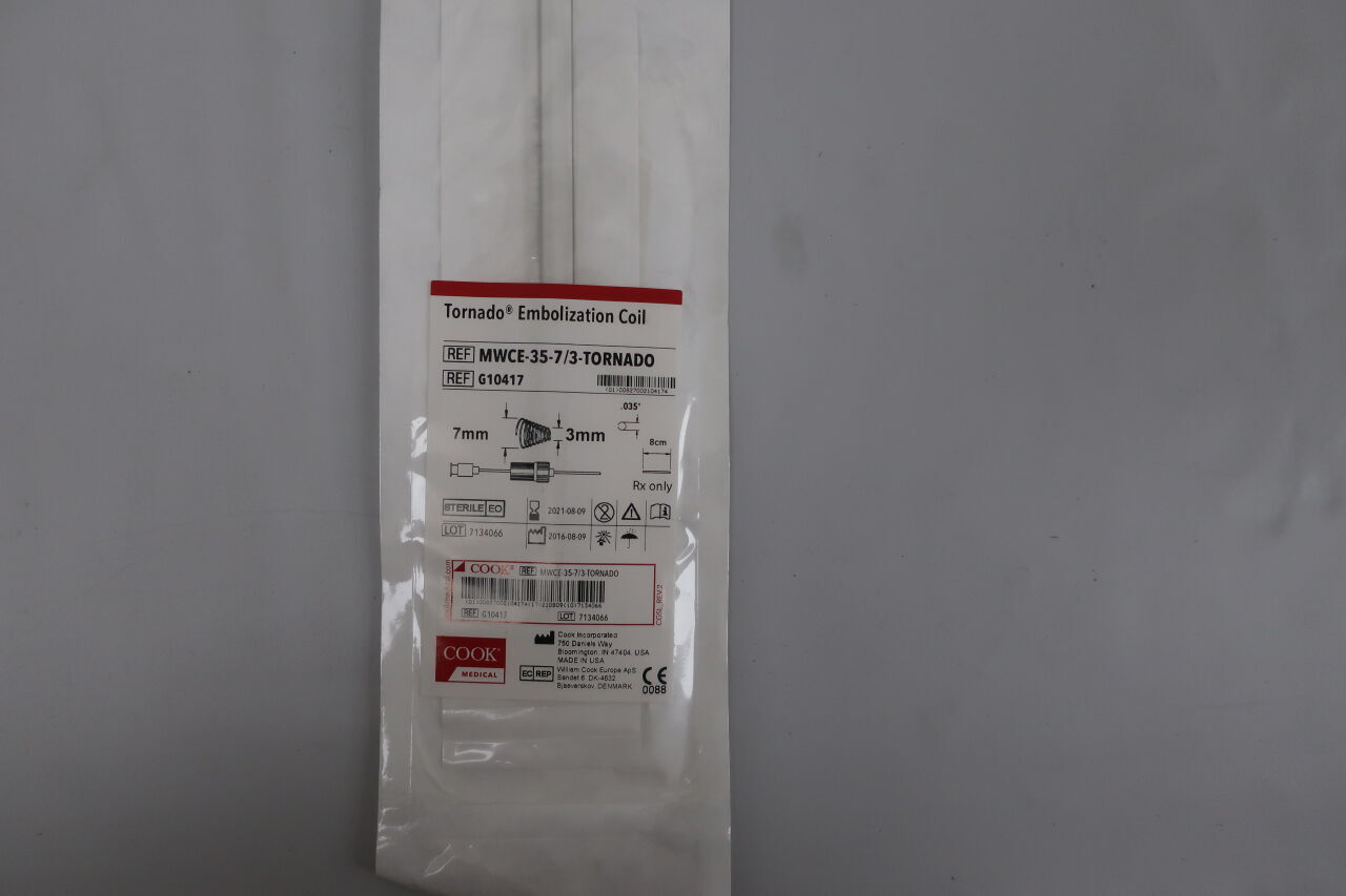 G10417 - COOK - Tornado Sterile Fibered Platinum Embolization Coil, 7 to 3 mm dia. x 8 cm Embolus Length, (EA) - ( Expiry Date: 2024-06-05 )