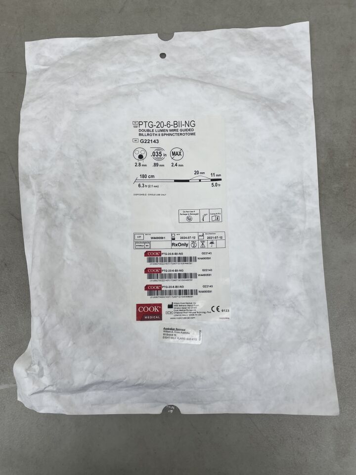 G22143 - COOK - Lumen Wire Guided Billroth II Sphincterotome, 6Fr, 5Fr, 20mm, 11mm, 2.8mm, .035in, (EA) - ( Expiry Date: 2024-07-12 )